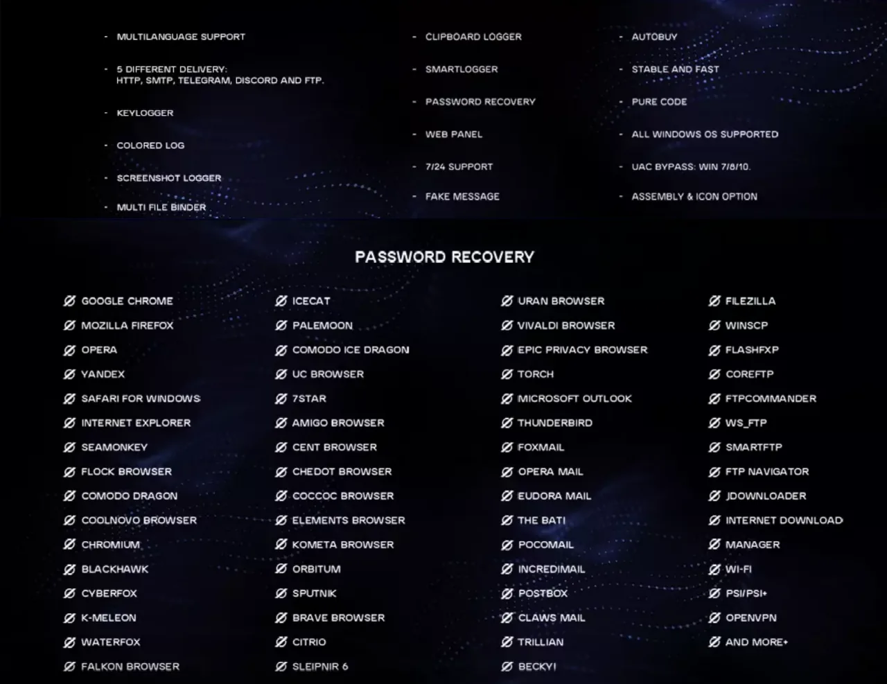 Figure 8. OriginLogger features and list of applications whose password can be recovered.