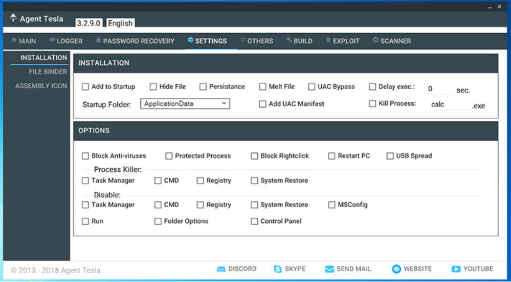 Figure 6. Screenshot of the builder for AgentTesla v3.2.9.0 (not the so-called AgentTeslav3) in 2018. 2
