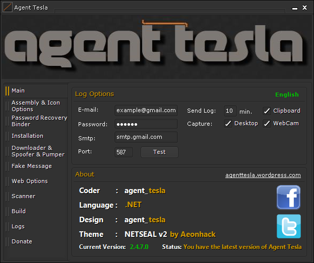 Figure 4. Screenshot of one of the first known public versions of Agent Tesla (v2.4.7.0). 3