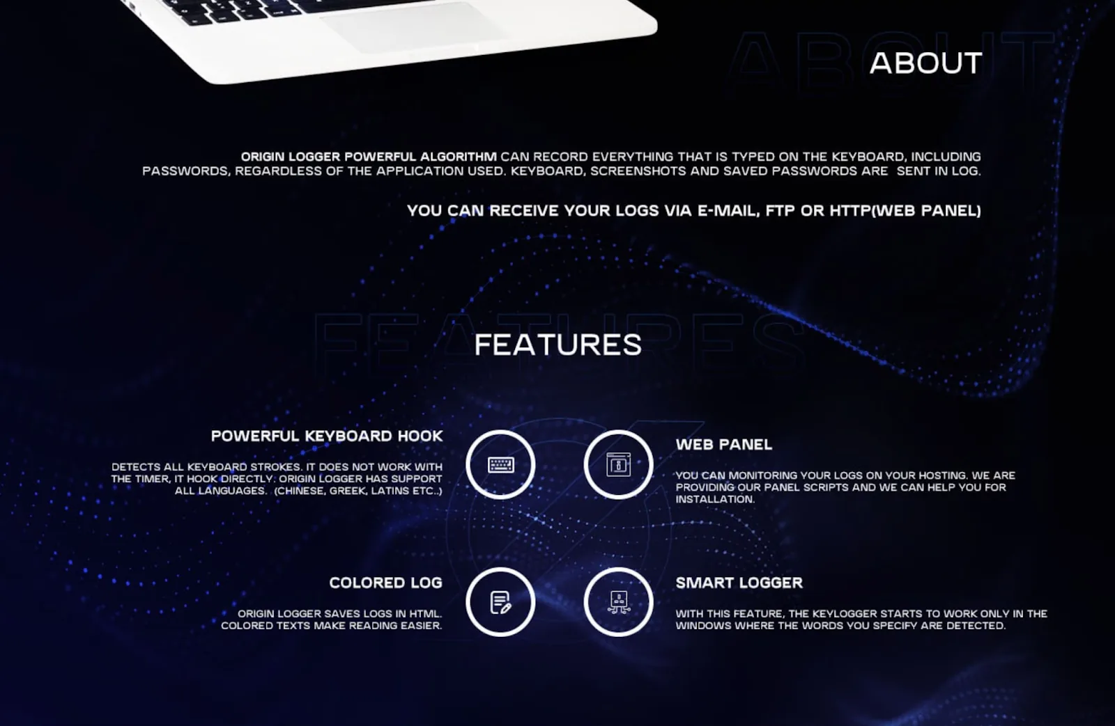 Figure 7. A screenshot showing the features of the OriginLogger malware and the about section on the website.