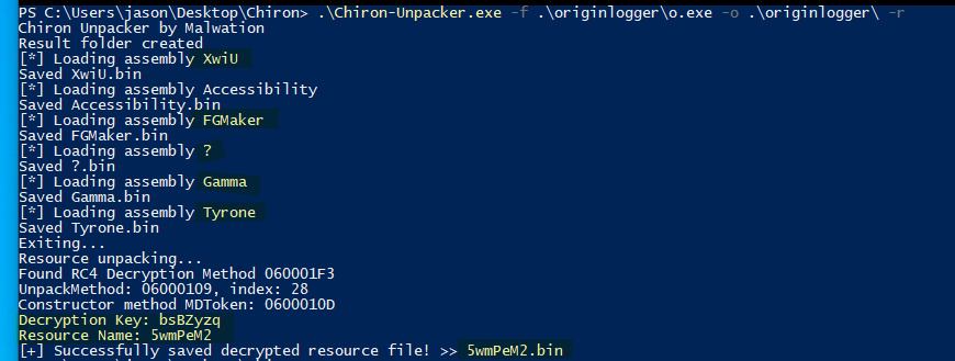 Figure 18. Unpacking malicious Origin Logger file with Chiron