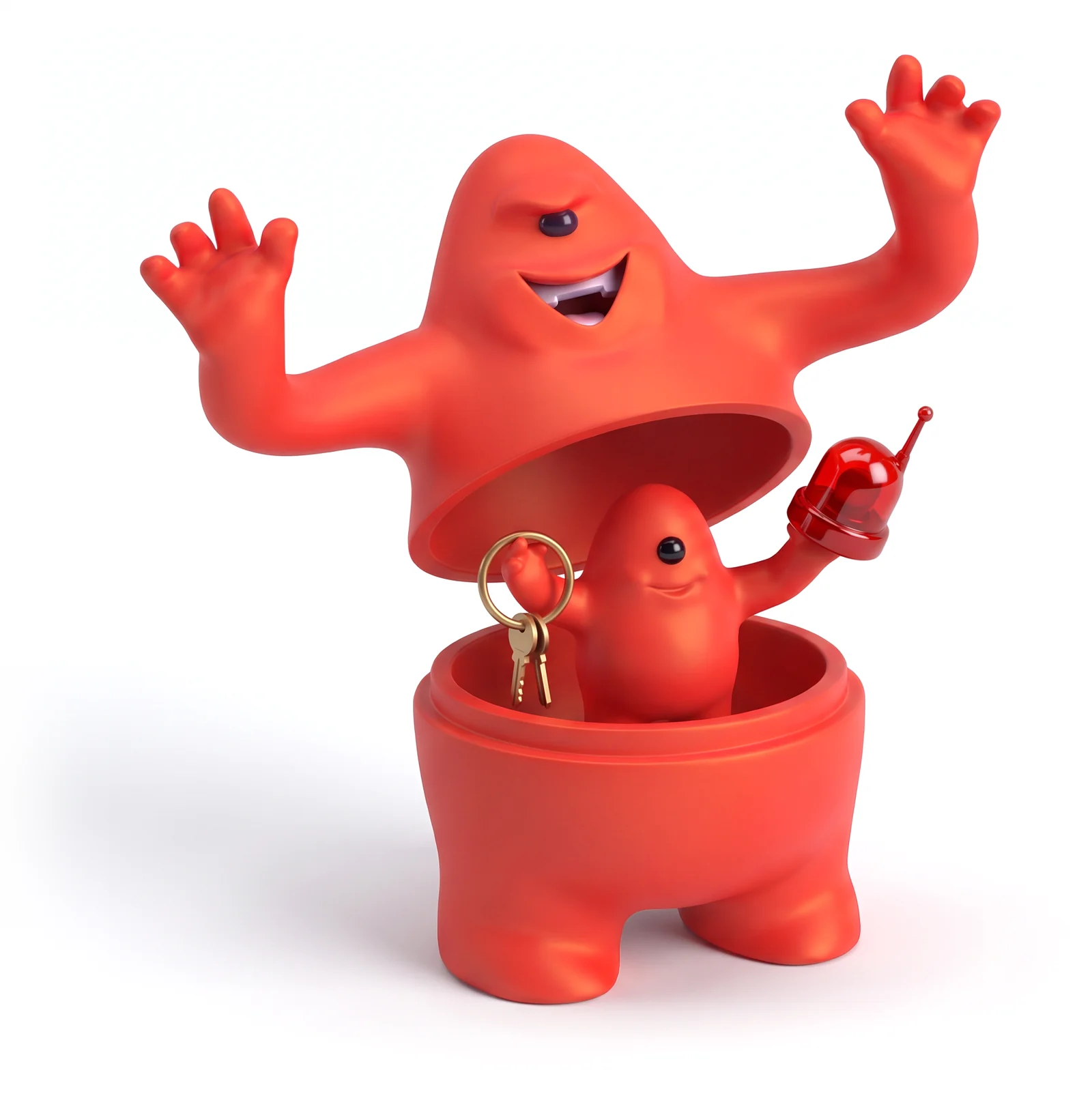 A red toy monster opened like a nesting doll. The smaller monster hidden inside holds up two keys on a ring and a small red beacon with an antenna.