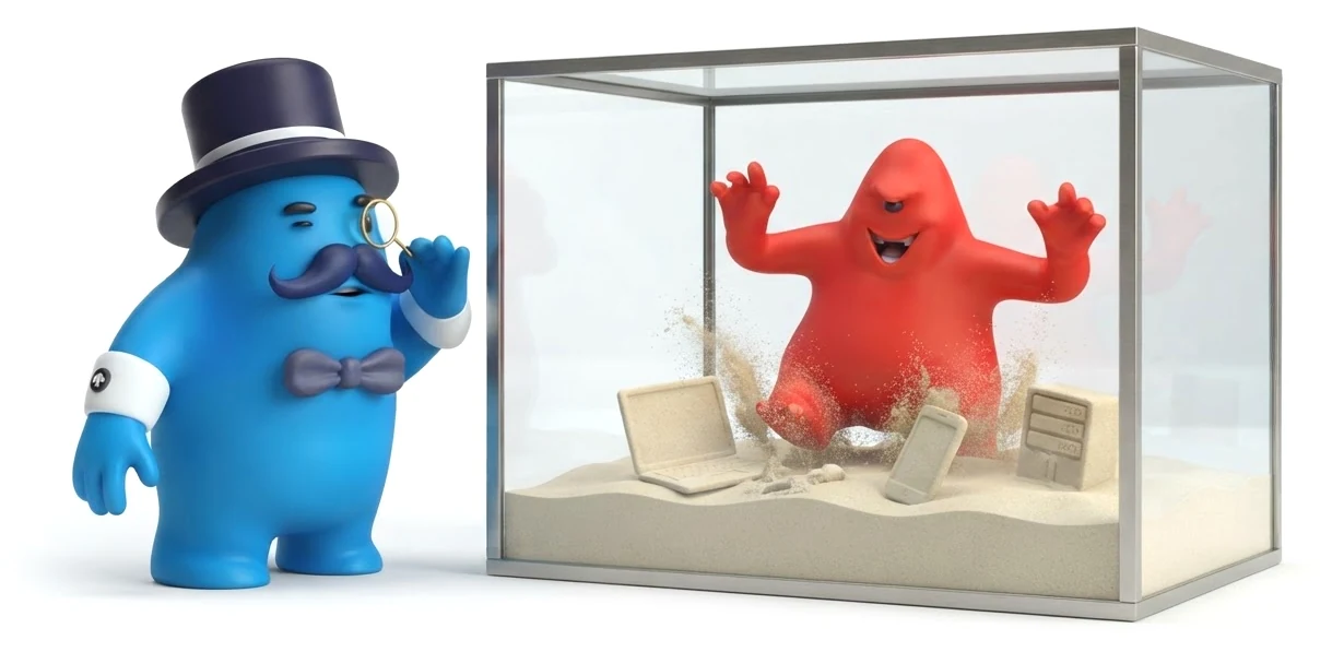 Big Bro watches through his monocle as a red sample thrashes inside a glass sandbox
